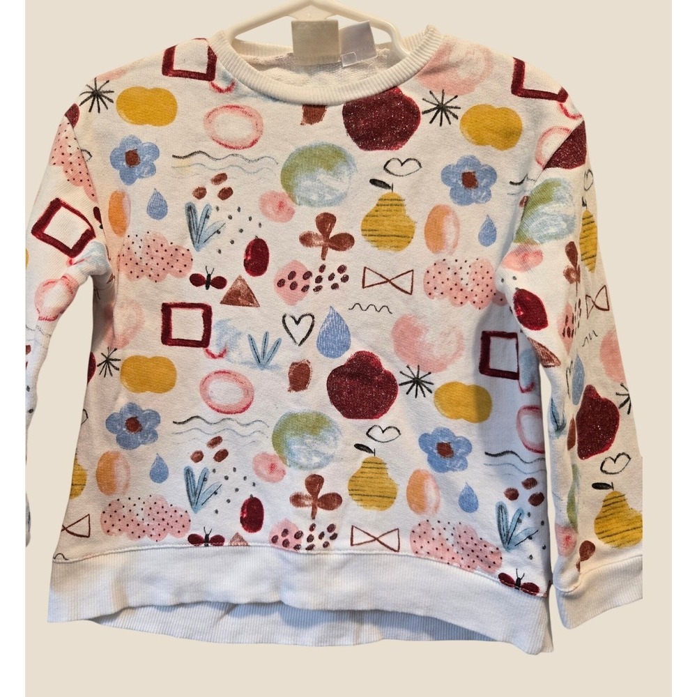 Zara BabyGirl Fruit Doodle Print Sweatshirt White Glitter Accents Size 2/3 Years